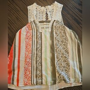 CAbi Multicolor Striped and Floral Lace Blouse